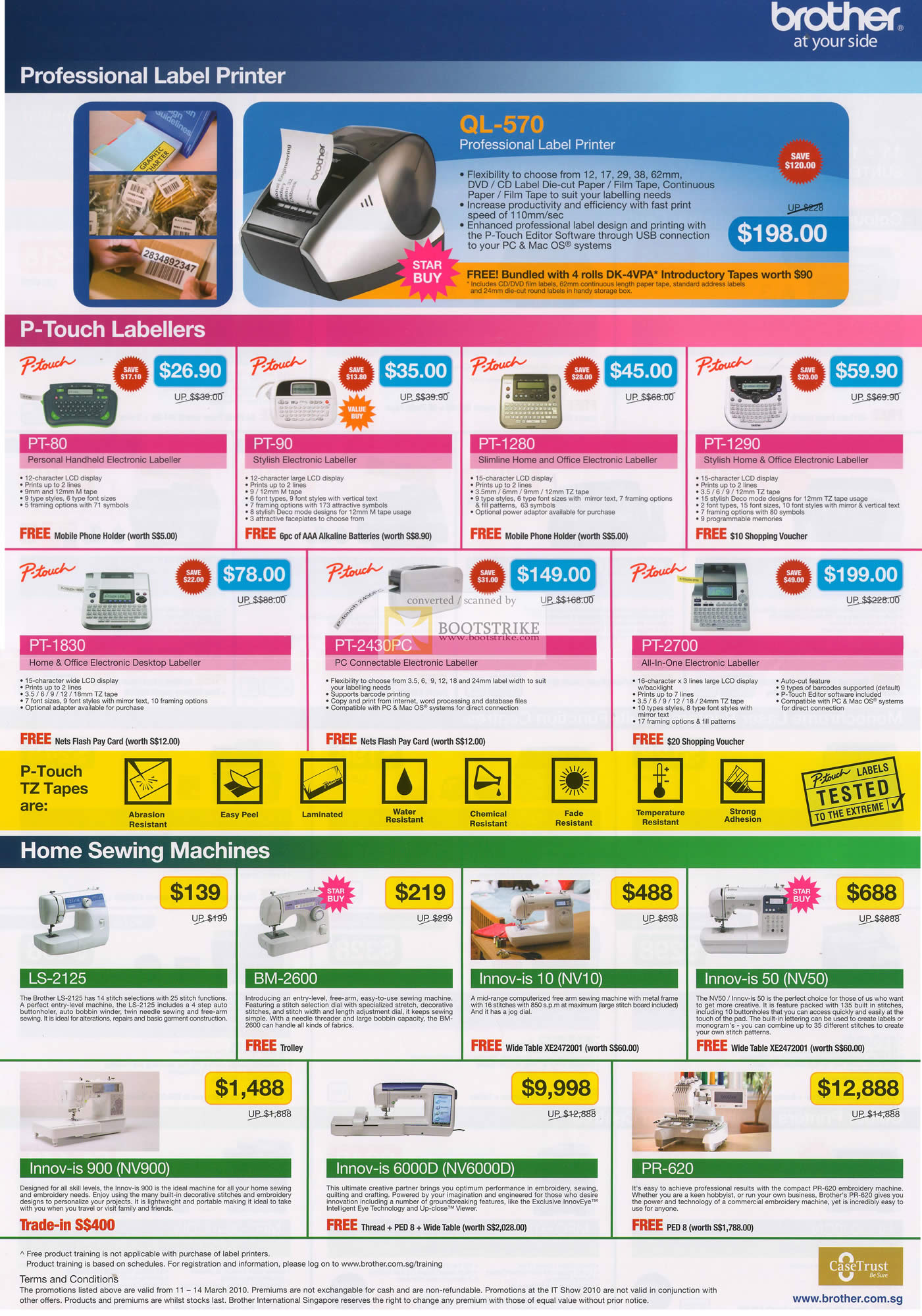 IT Show 2010 price list image brochure of Brother Label Printer P Touch PT 80 90 1280 1290 1830 2430PC 2700 Home Sewing Machines LS 2125 BM 2600 Innov