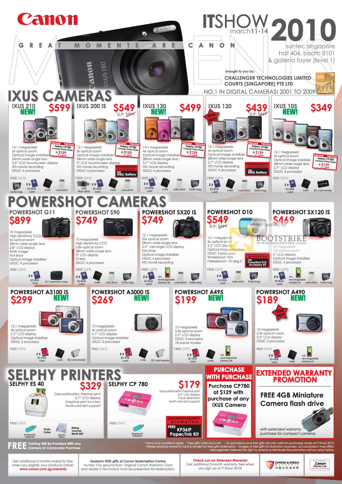 IT Show 2010 price list image brochure of Canon Digital Cameras Ixus 210 200 130 120 105 Powershot G11 S90 SX20 IS D10 SX120 A3100 A3000 A495 A490 Selphy Printers ES 40 CP 780