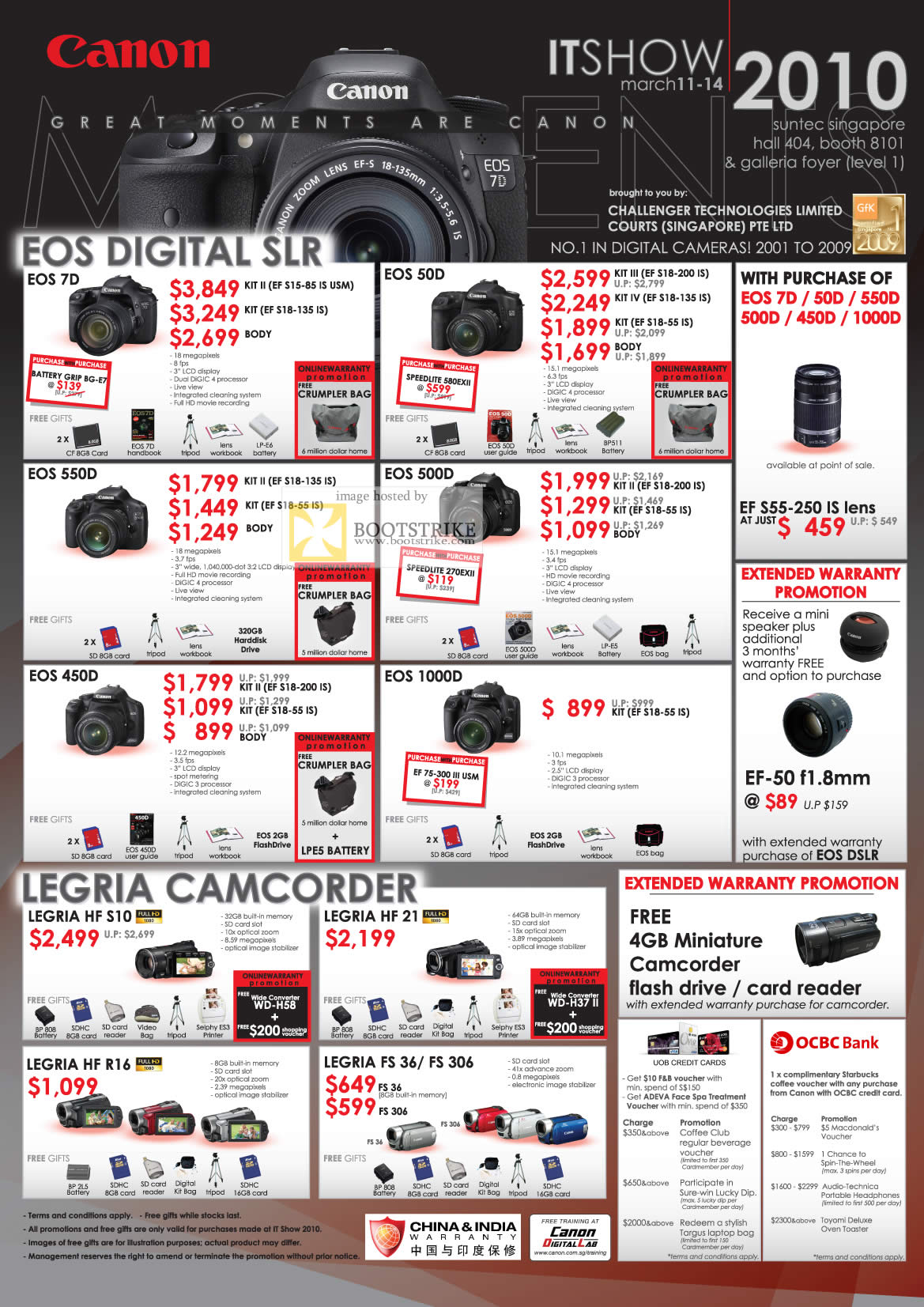 IT Show 2010 price list image brochure of Canon Digital Cameras SLR DSLR EOS 7D 50D 550D 500D 450D 1000D Legria Video Camcorder HF S10 HF 21 HF R16 FS 36 306