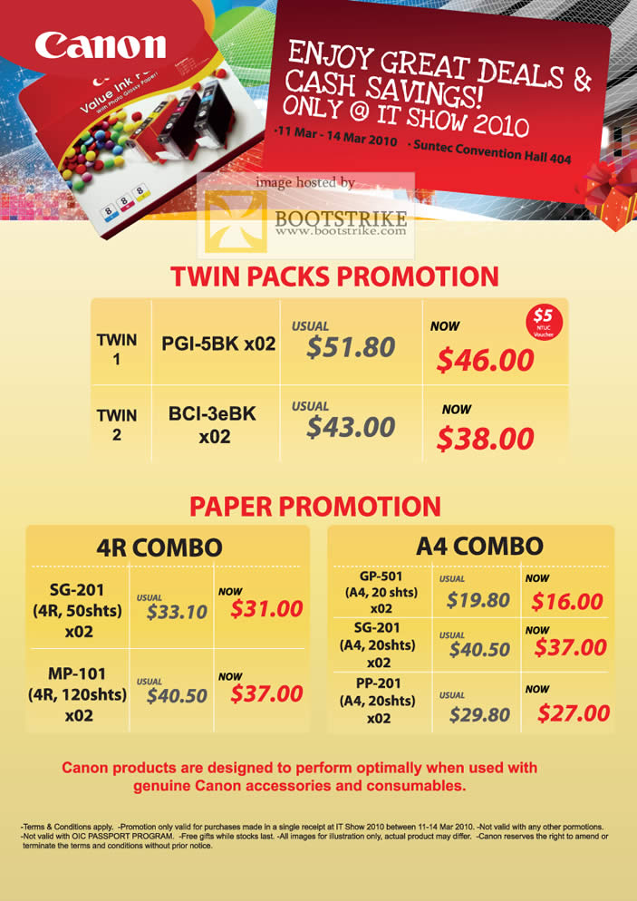 IT Show 2010 price list image brochure of Canon Twin Packs Ink Cartridge Promotion Paper 4R A4
