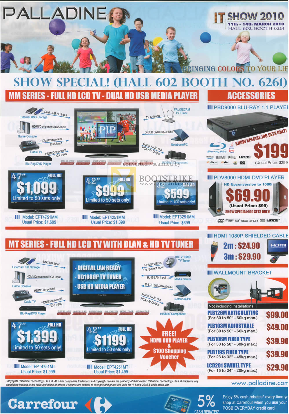IT Show 2010 price list image brochure of Carrefour Palladine LCD TV Full HD Blu Ray PBD9000 PDV8000
