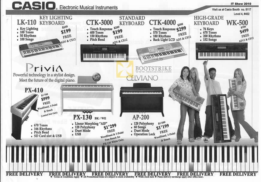 IT Show 2010 price list image brochure of Casio Electronic Musical Instruments Keyboard LK 110 CTK 3000 4000 WK 500 Privia PX 410 130 AP 200 Piano