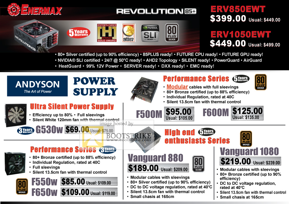 IT Show 2010 price list image brochure of Convergent Systems Enermax Revolution Power Supply Andyson Vanguard G530w F500m F600m F550m F650w 880 1080