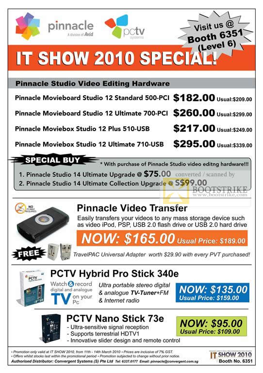 IT Show 2010 price list image brochure of Convergent Systems Pinnacle PCTV Studio Movieboard Moviebox Video Transfer Hybrid Pro Stick 340e Nano Stick 73e