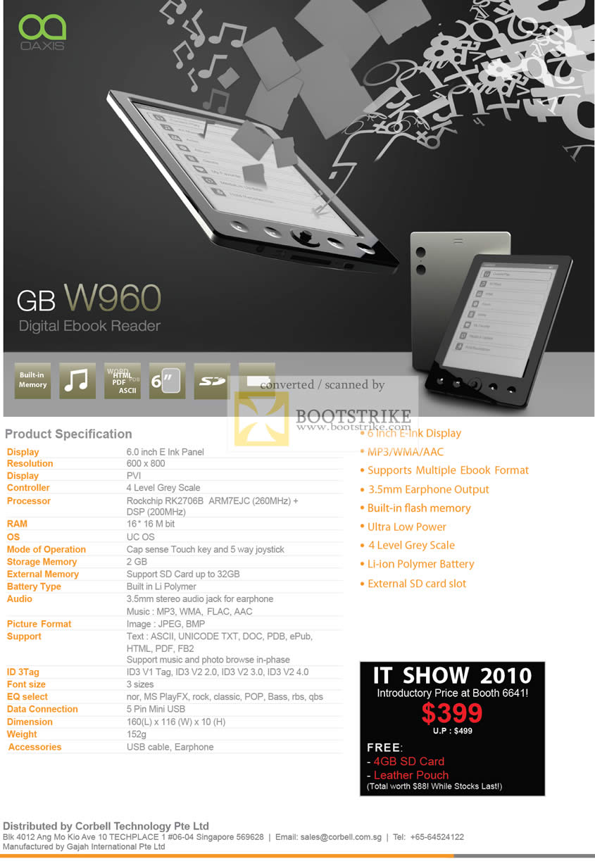 IT Show 2010 price list image brochure of Corbell Oaxis Digital Ebook Reader GB W960
