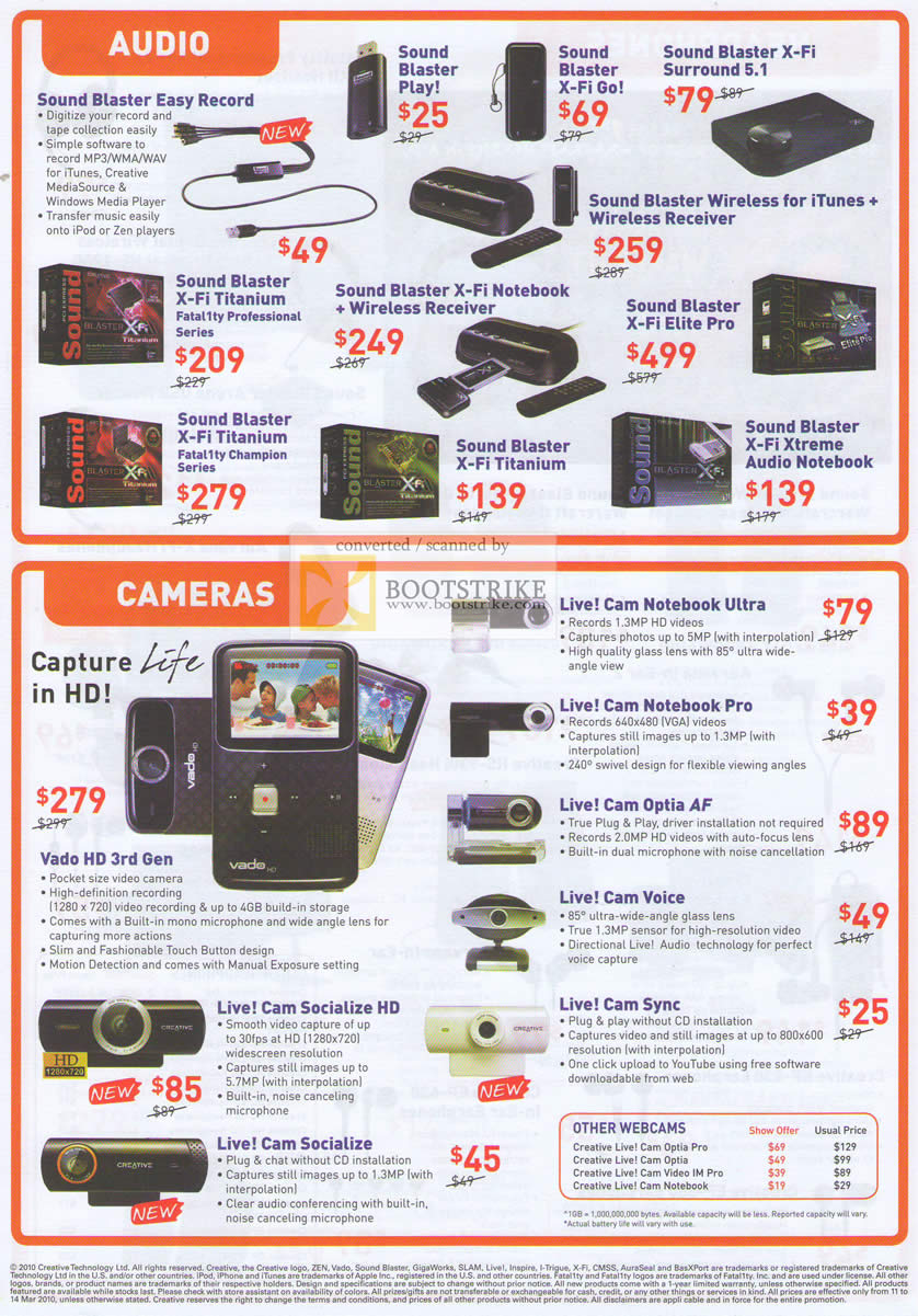 IT Show 2010 price list image brochure of Creative Audio Sound Blaster X Fi Webcam Live Cam Optia Voice Sync Socialize Vado HD