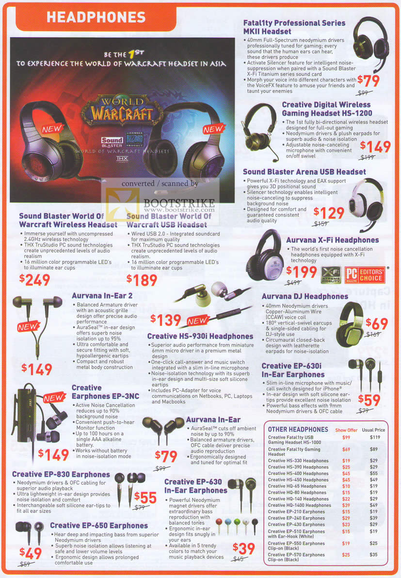 IT Show 2010 price list image brochure of Creative Headphones Fatal1ty HS 1200 Sound Blaster World Of Warcraft USB Aurvana Earphones HS EP