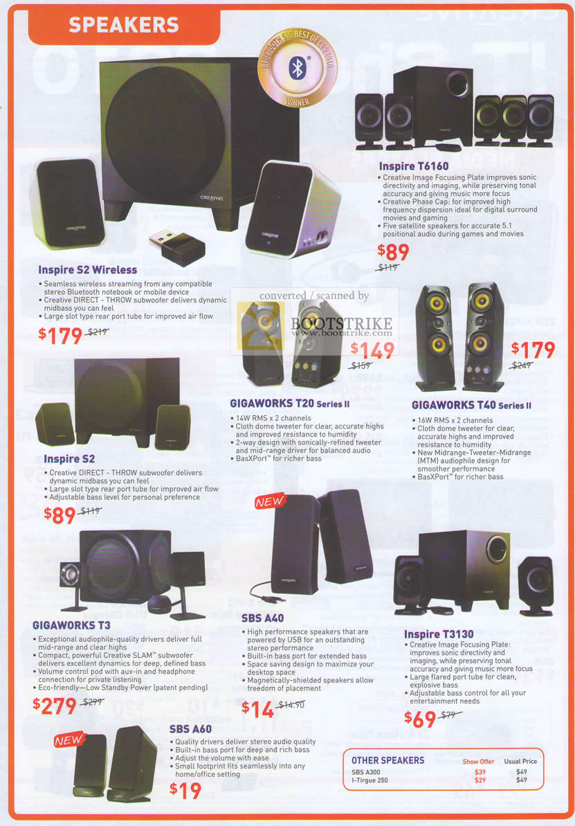 IT Show 2010 price list image brochure of Creative Speakers Inspire S2 T6160 Gigaworks T20 Series II T40 S2 T3 SBS A40 T3130 A60