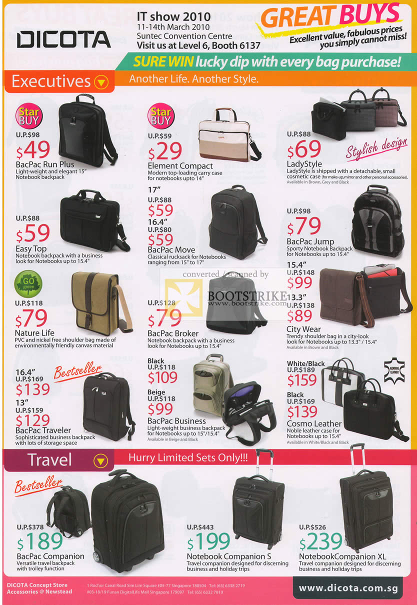 IT Show 2010 price list image brochure of Dicota Bags BacPac Element Compact LadyStyle Easy Top Cosmo Leather City Wear Travel