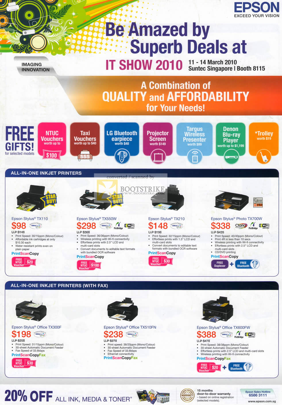 IT Show 2010 price list image brochure of Epson Printers All In One Inkjet Stylus TX110 TX550W TX210 TX700W Office TX300F TX510FN TX600FW
