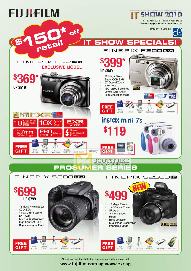 IT Show 2010 price list image brochure of FujiFilm Digital Cameras FinePix F72 F200 EXR Instax Mini 7s S200 S2500