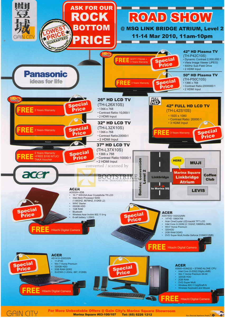 IT Show 2010 price list image brochure of Gain City Panasonic LCD TV TH L26X10S Plasma P42C10S Acer Notebooks AO532H AS4740G AS1410 X5900 Desktop PC