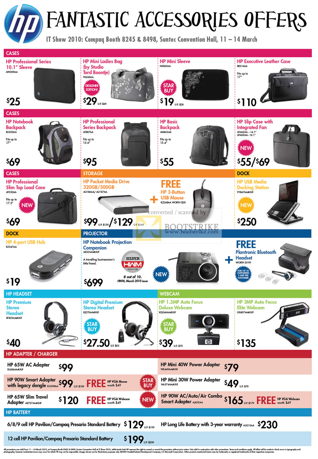 IT Show 2010 price list image brochure of HP Accessories Cases External Storage Dock Projectors Headset Webcam Adapter Charger Battery