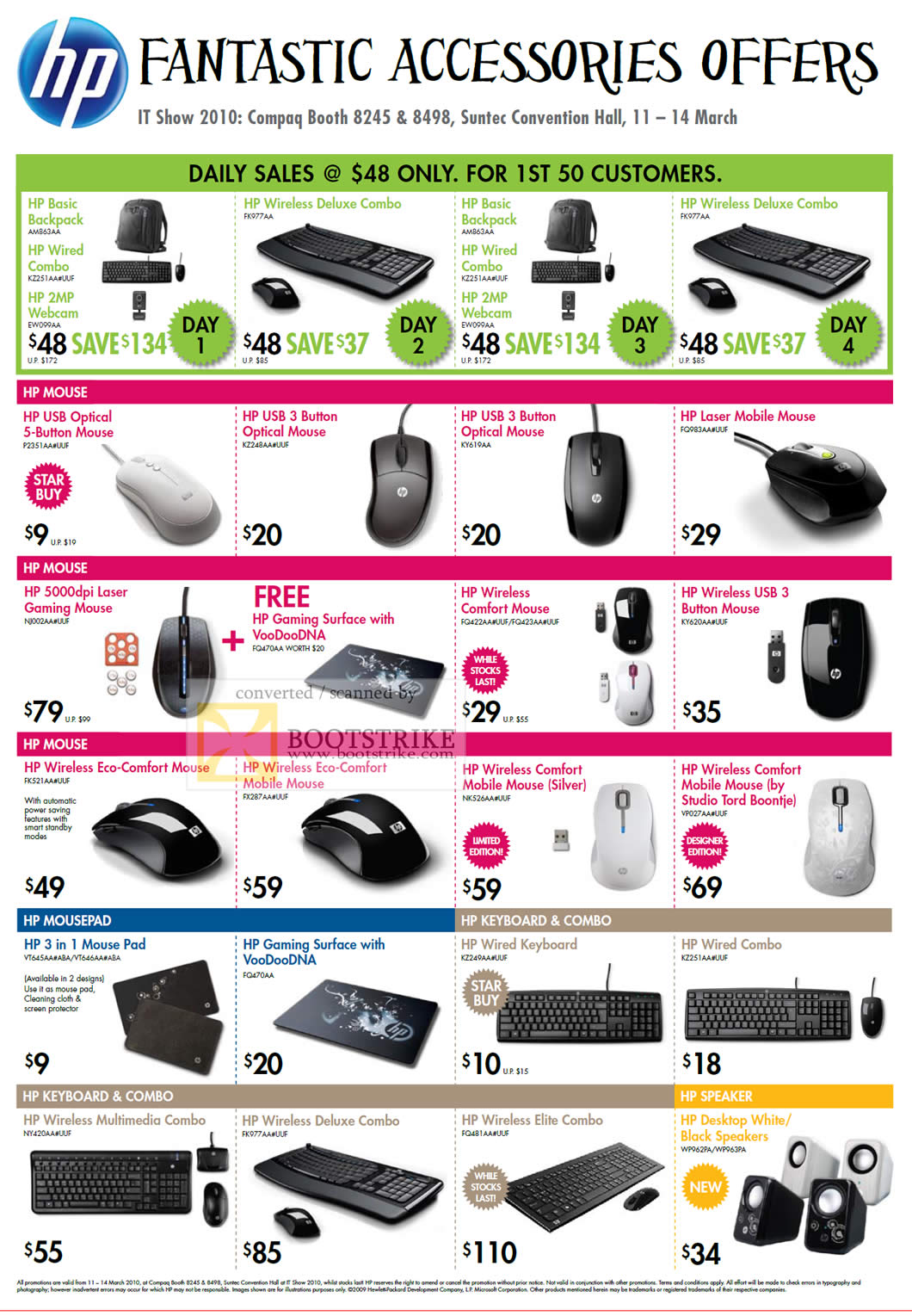 IT Show 2010 price list image brochure of HP Accessories Daily Sales Mouse Mousepad Keyboard Combo Speakers Webcam