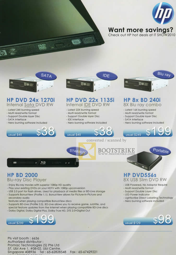 IT Show 2010 price list image brochure of HP DVD Internal Sata IDE Blu Ray Player BD 2000 DVD RW DVD556s