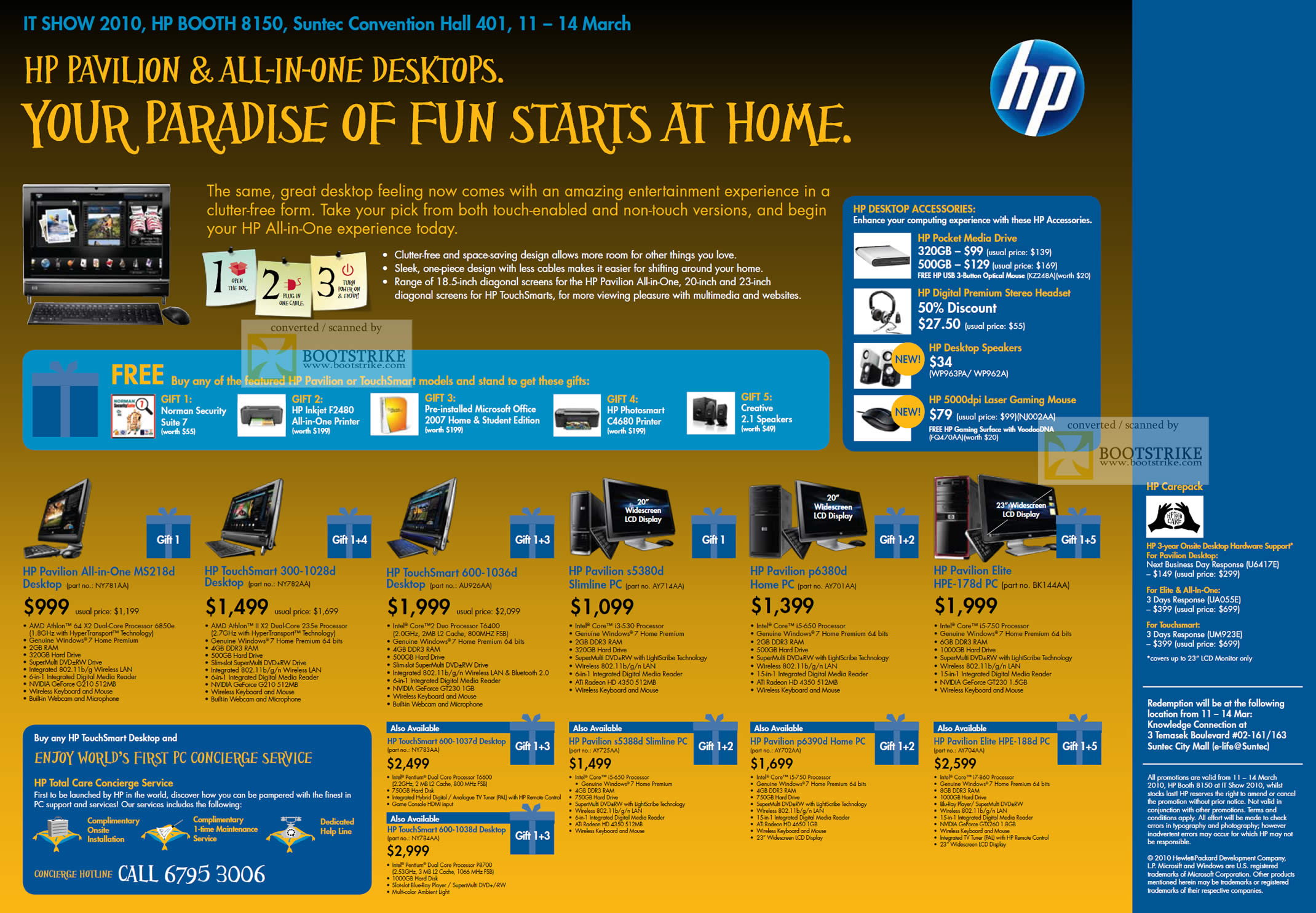 IT Show 2010 price list image brochure of HP Pavilion Desktops MS218d TouchSmart 300 1028d 600 1036d S5380d S5388d Slimline PC P6380d P6390d Elite HPE 178d 188d