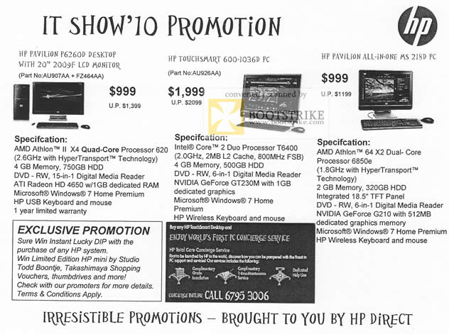 IT Show 2010 price list image brochure of HP Pavilion Desktops P6260D Touchsmart 600 1036D All In One MS 218D