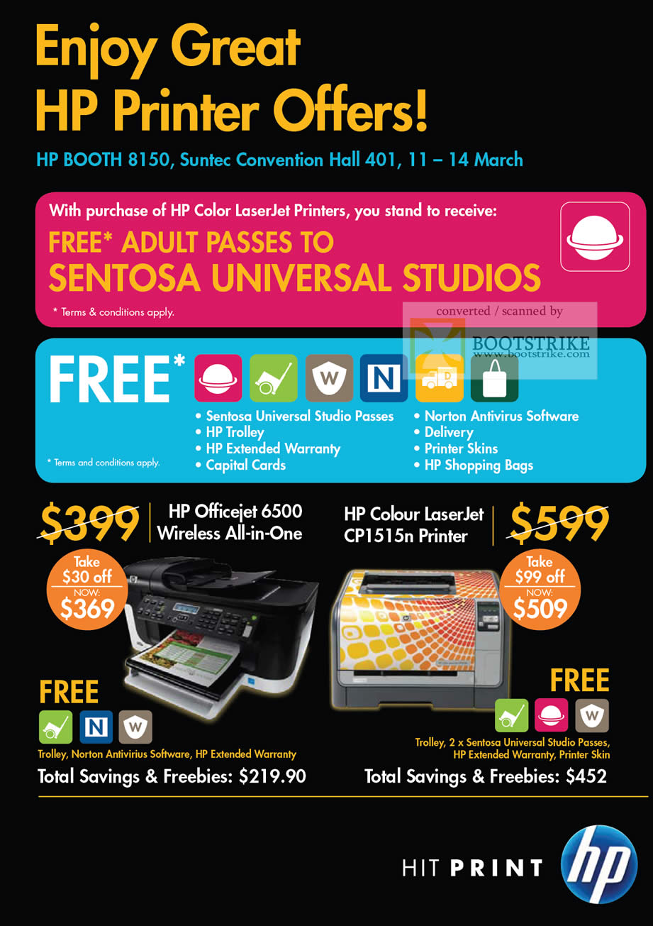IT Show 2010 price list image brochure of HP Printer Offers Sentosa Universal Studios Trolley Extended Warranty Officejet 6500 Colour LaserJet CP1515n