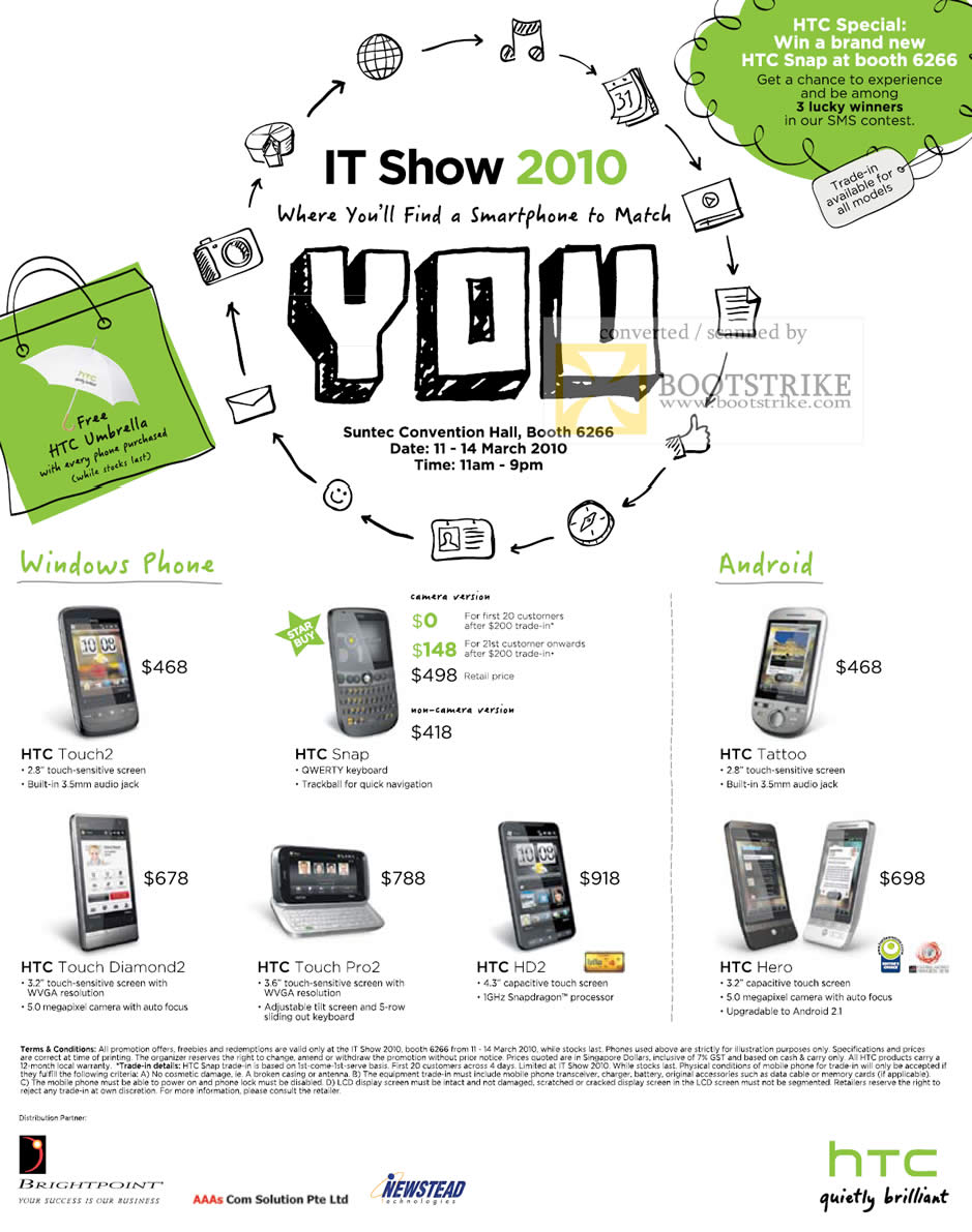 IT Show 2010 price list image brochure of HTC Windows Touch2 Snap Touch Diamond2 Pro2 HD2 Android Tatoo Hero
