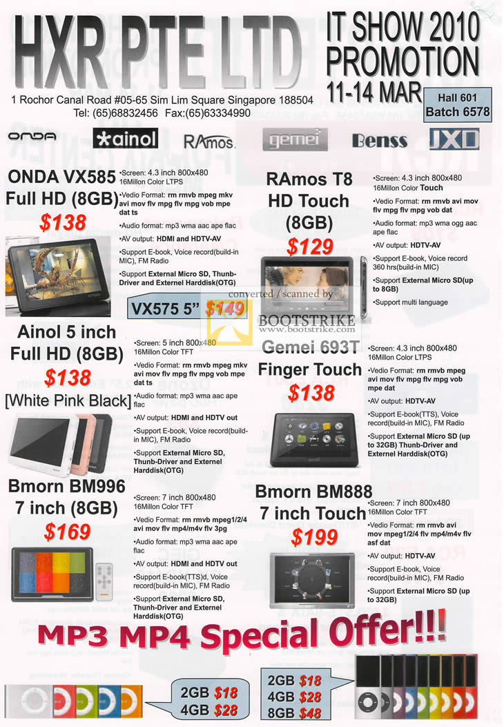 IT Show 2010 price list image brochure of Hai Xin Rui Portable Media Player Onda VX585 RAmos T8 HD Touch Ainol Gemei 693T Bmorn BM996 BM888