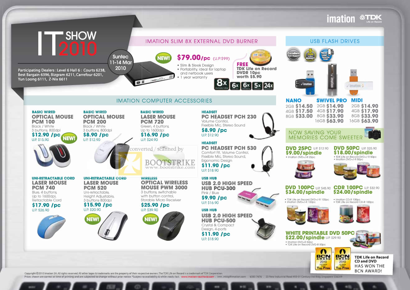 IT Show 2010 price list image brochure of Imation TDK External DVD Mouse Headset Hub USB Flash Drives DVDR CDR