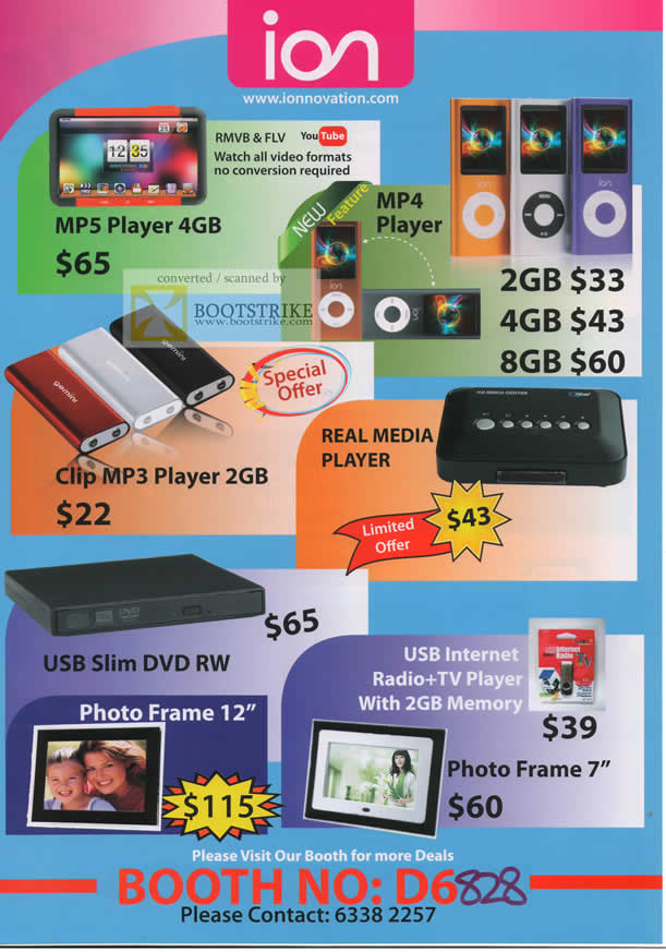 IT Show 2010 price list image brochure of Ion MP5 Video Player Mp4 Clip Mp3 Real Media USB Slim DVD RW Photo Frame USB Internet Radio TV Player