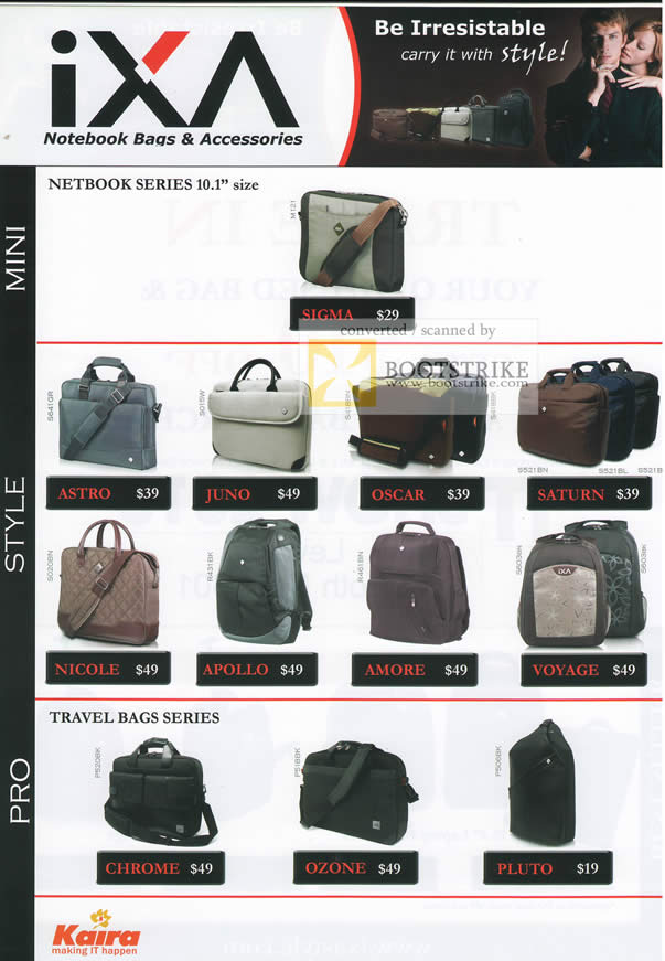 IT Show 2010 price list image brochure of Kaira IXa Bags Mini Netbook Series Travel Bags Astro Juno Oscar Saturn Chrome Ozone Pluto