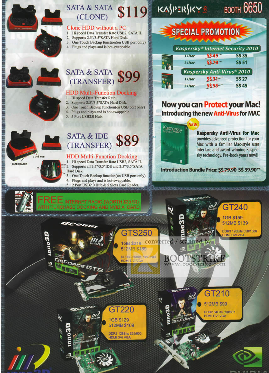 IT Show 2010 price list image brochure of Kaspersky Intenet Security Anti Virus Sata Sata Clone Transfer Docking Inno3d Geforce GTS250 GT240 GT220 GT210