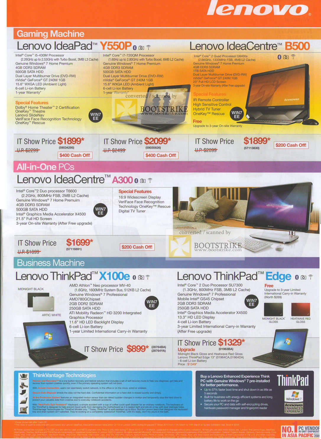 IT Show 2010 price list image brochure of Lenovo Notebooks Desktops IdeaPad Y550P IdeaCentre B500 A300 ThinkPad X100e Edge