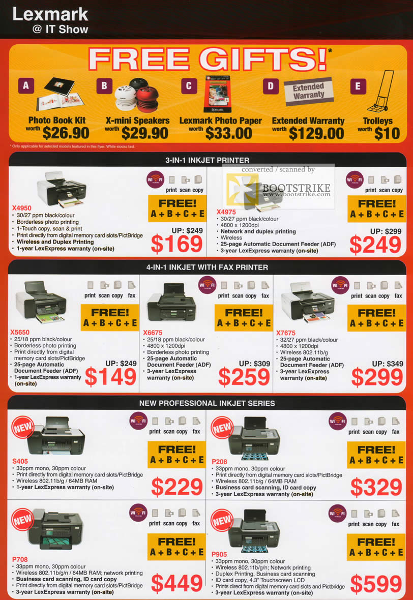 IT Show 2010 price list image brochure of Lexmark Inkjet Printers X4950 X4975 X5650 X6675 X7675 Professional S405 P208 P708 P905