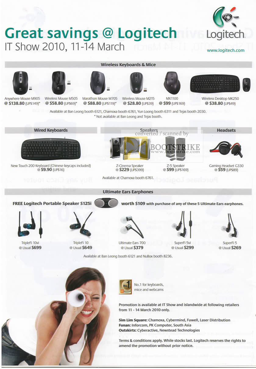 IT Show 2010 price list image brochure of Logitech Wireless Keyboard Mouse Anywhere M905 M505 M705 M212 MX1100 MK250 New Touch Speakers Z Cinema Z5 Ultimate Ears TripleFi SuperFi
