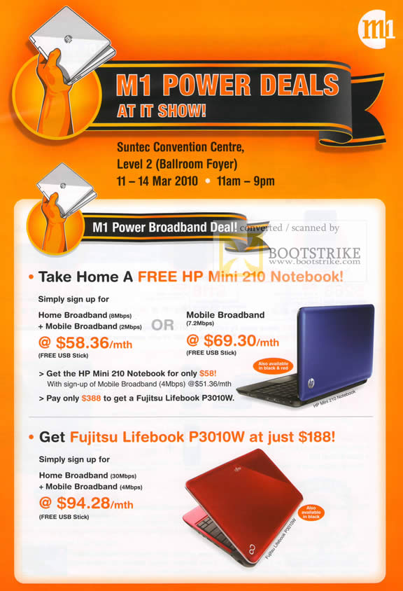 IT Show 2010 price list image brochure of M1 Broadband HP Mini 210 Notebook Fujitsu Lifebook P3010W