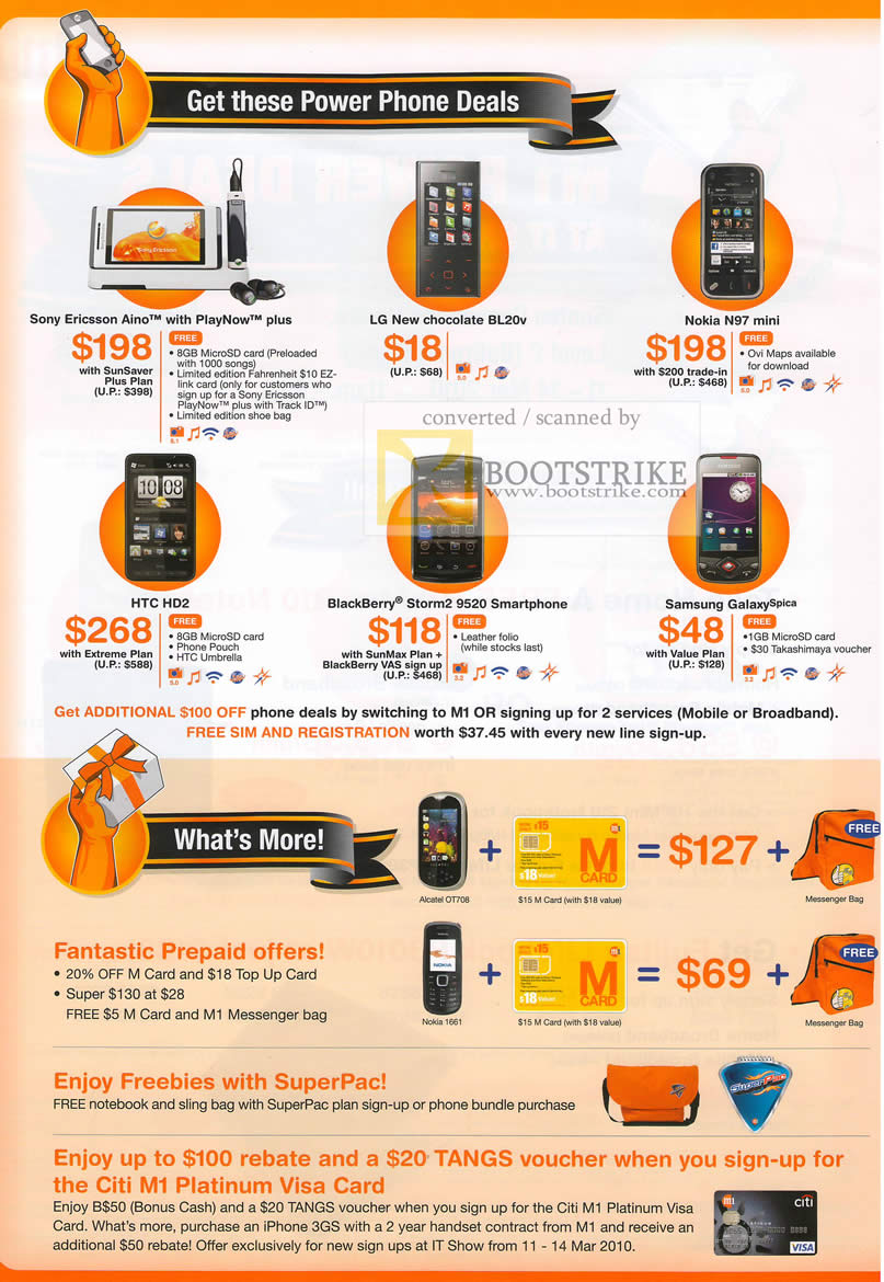 IT Show 2010 price list image brochure of M1 Mobile Phones Sony Ericsson Aino LG New Chocolate BL20v Nokia 97 HTC HD2 BlackBerry Storm2 9520 Samsung Galaxy Prepaid SuperPac