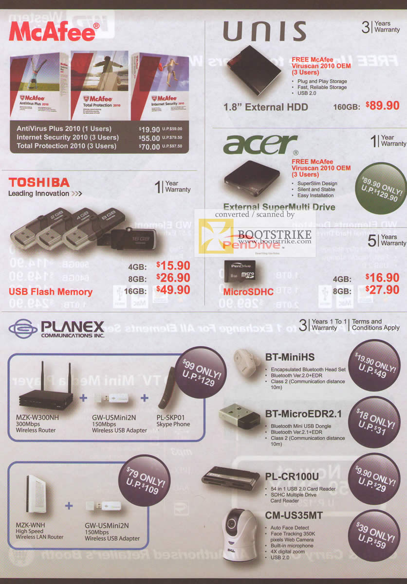 IT Show 2010 price list image brochure of McAfee Antivirus Security External Storage Unis Acer Toshiba PenDrive Planex Router Adapter Bluetooth Skype Webcam