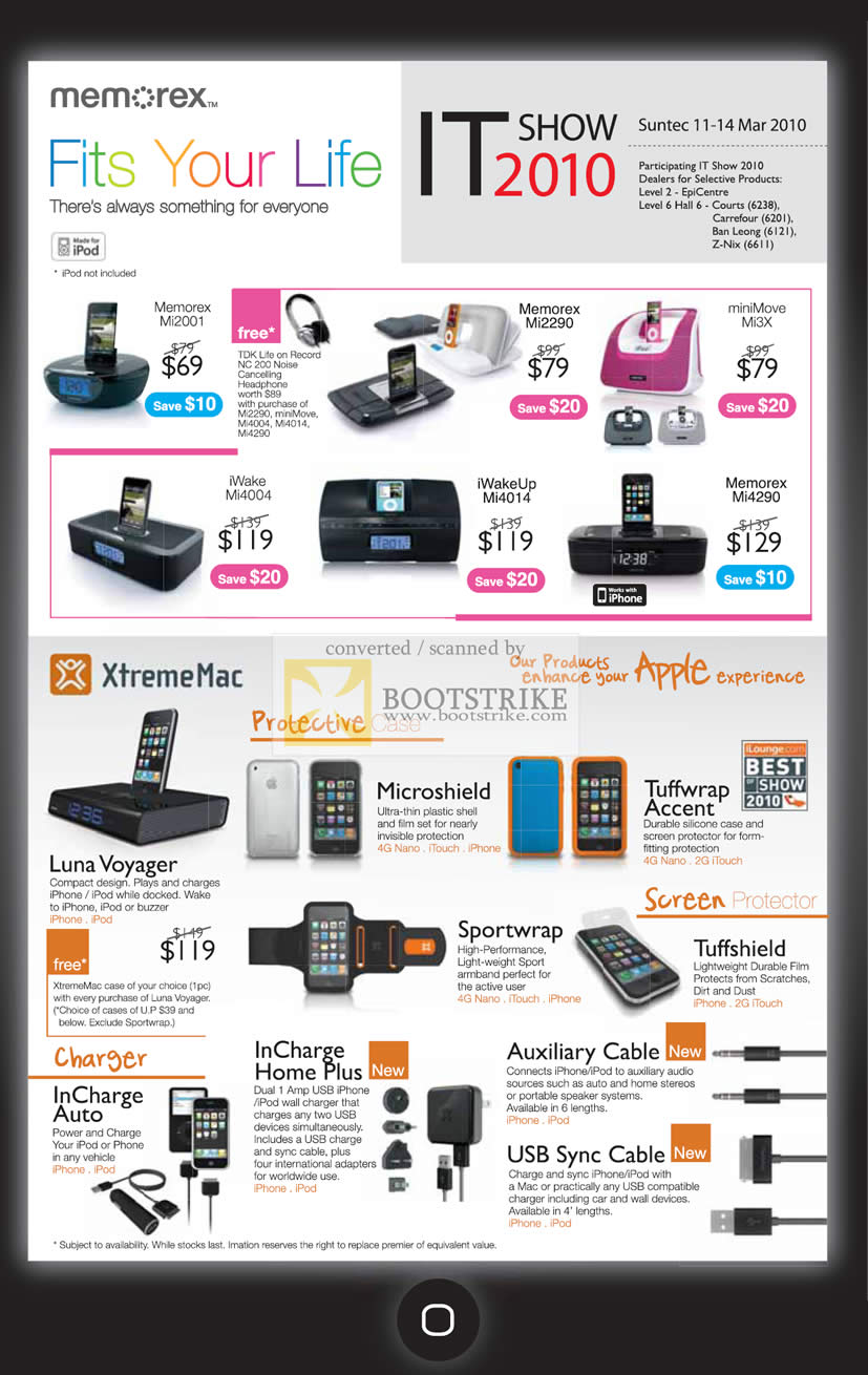 IT Show 2010 price list image brochure of Memorex IPod Dock MiniMove IWake IWakeUp XtremeMac Casing Charger USB Sync Auxiliary Cable Screen Protector