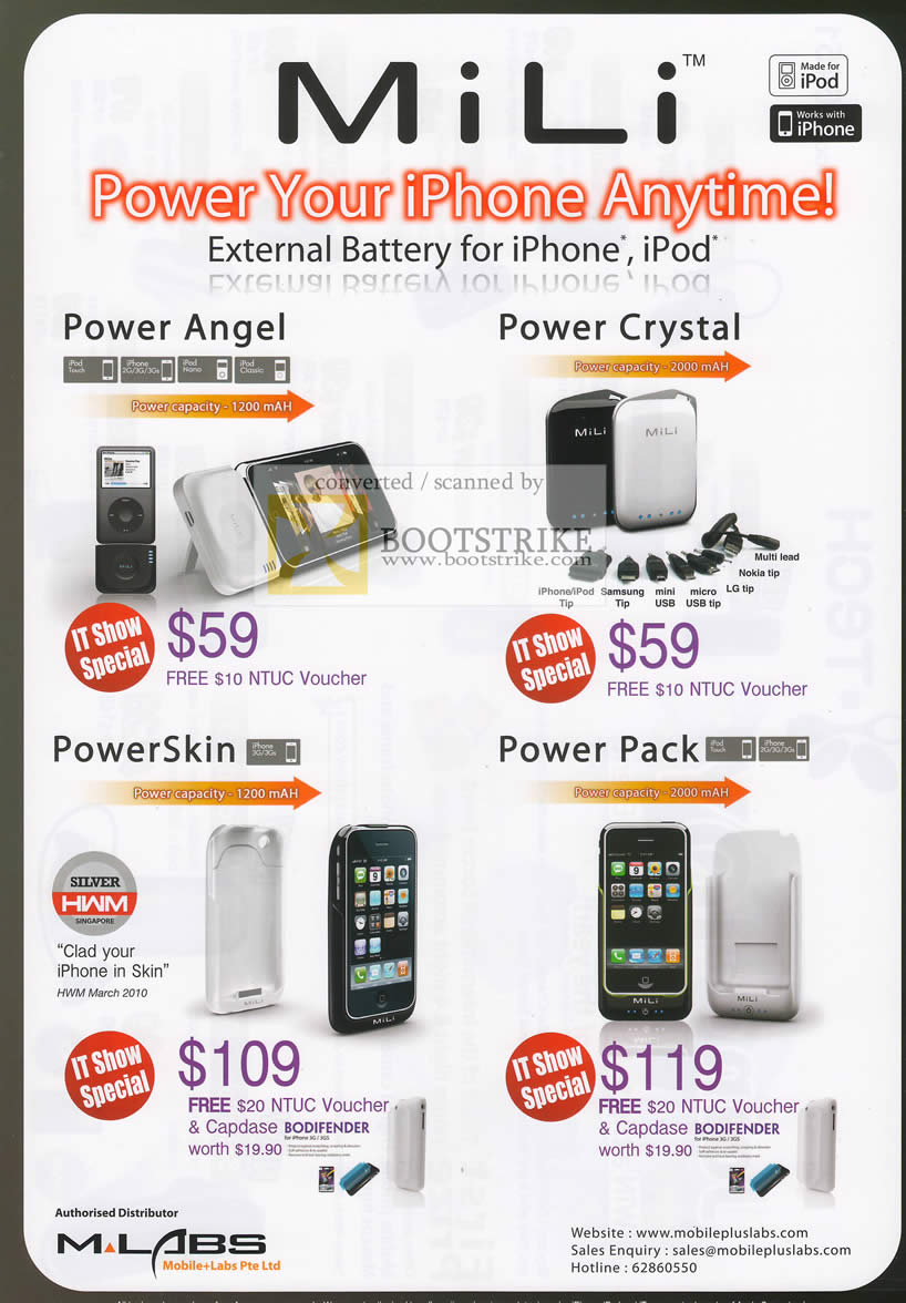 IT Show 2010 price list image brochure of Mobile Labs IPhone IPod External Battery Power Angel Power Crystal PowerSkin
