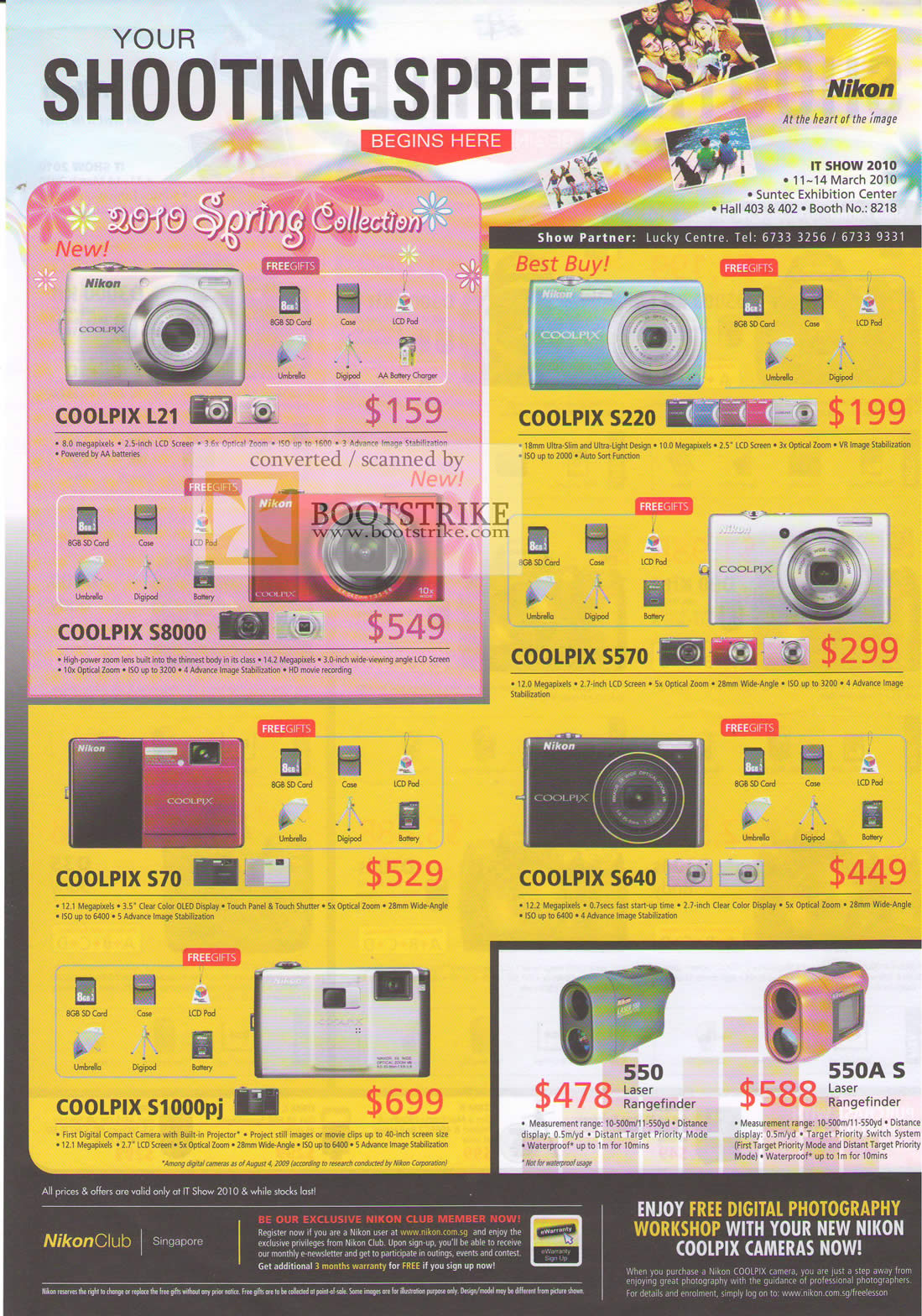 IT Show 2010 price list image brochure of Nikon Digital Cameras Coolpix L21 S8000 S220 S570 S70 S640 S1000pj 550 550A S Laser Rangefinder