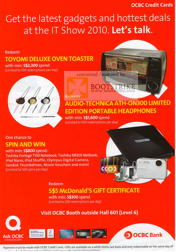 IT Show 2010 price list image brochure of OCBC Redeem Toyomi Audio Technica Spin Win McDonald Gift Certificate
