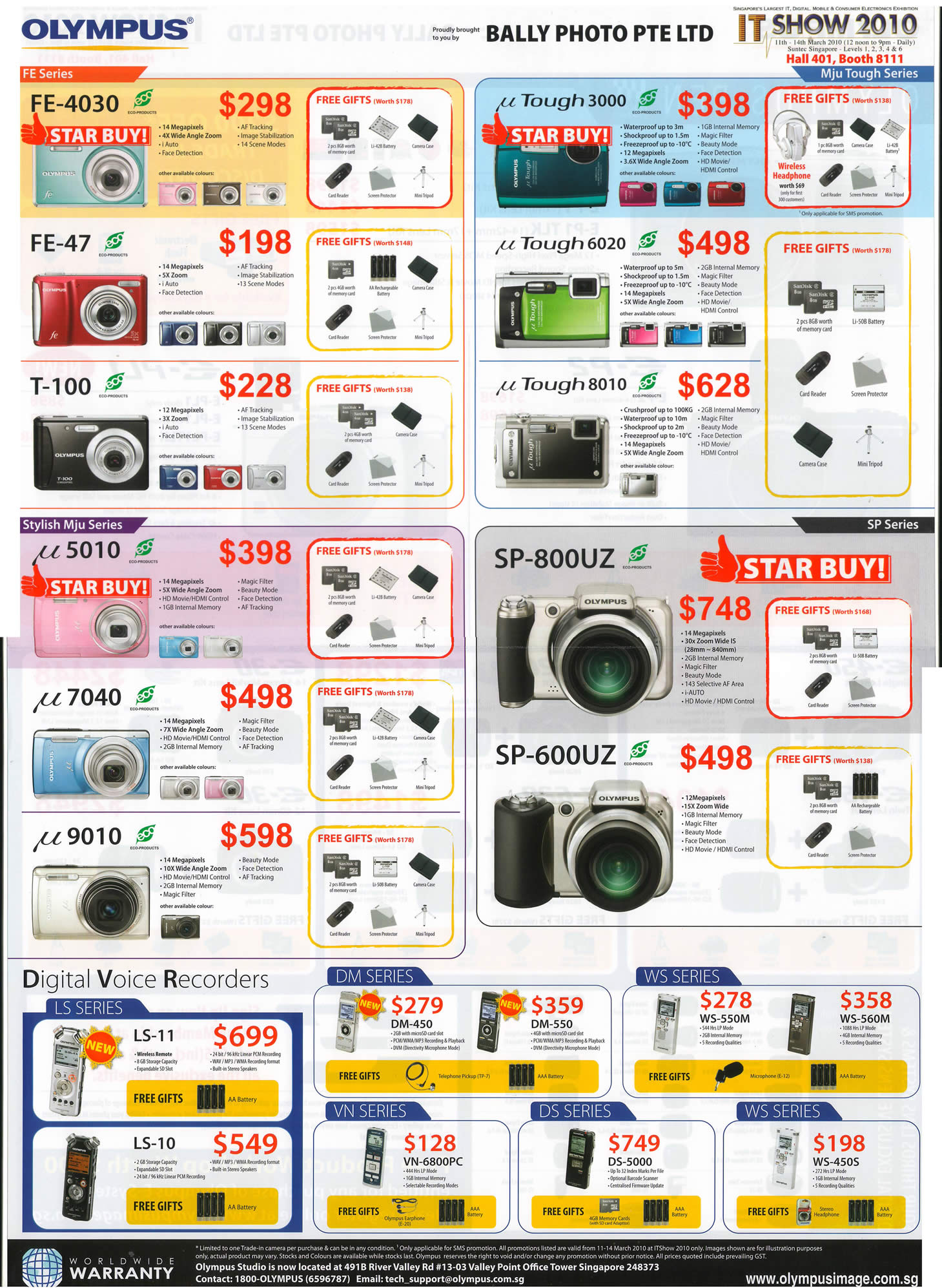 IT Show 2010 price list image brochure of Olympus Digital Cameras FE 4030 47 T 100 UTough 3000 6020 8010 U5010 U7040 U9010 Sp 800uz 600uz Voice Recorders LS 10 11 DM WS VN DS WS