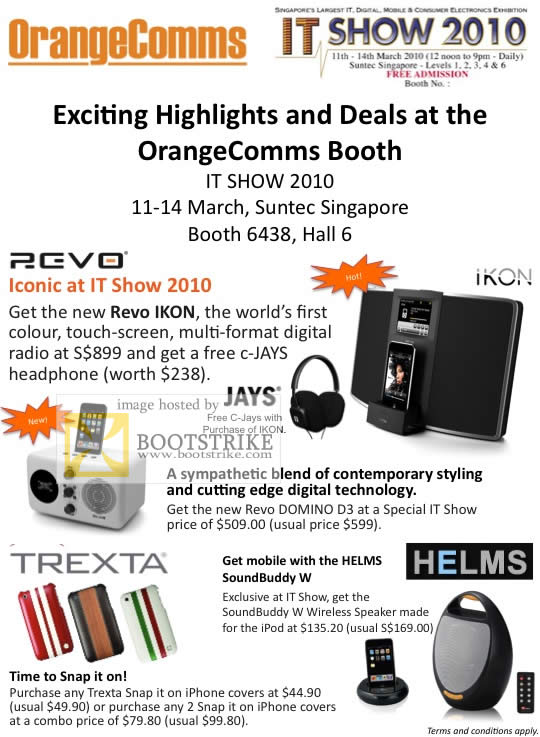 IT Show 2010 price list image brochure of Orange Communications Revo Ikon Digital Radio Domino D3 Trexta Helms SoundBuddy W Wireless Speakers Snap It