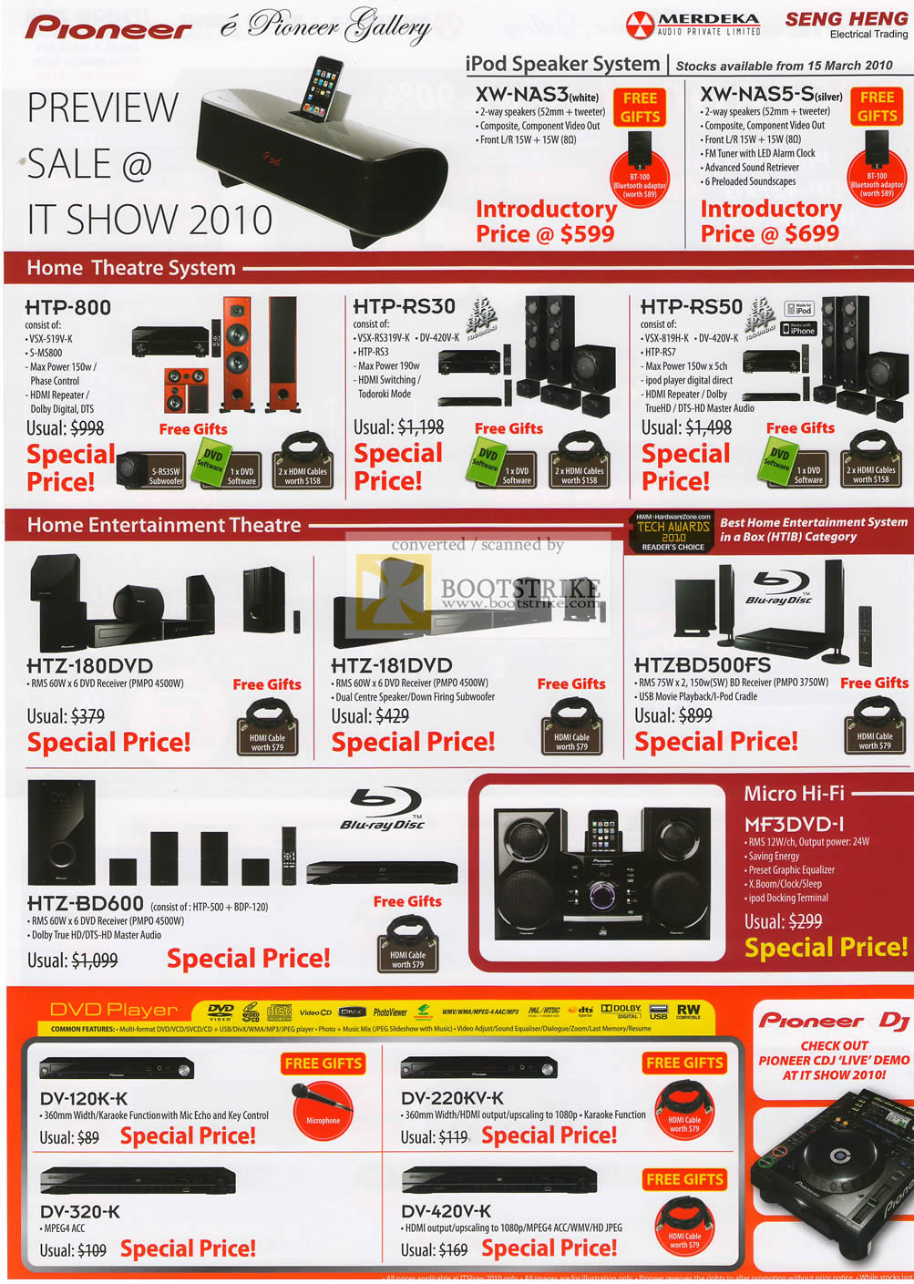 IT Show 2010 price list image brochure of Pioneer IPod Speaker Home Theatre HTP 800 HTZ Micro Hi Fi MF3DVD Player DV 120K