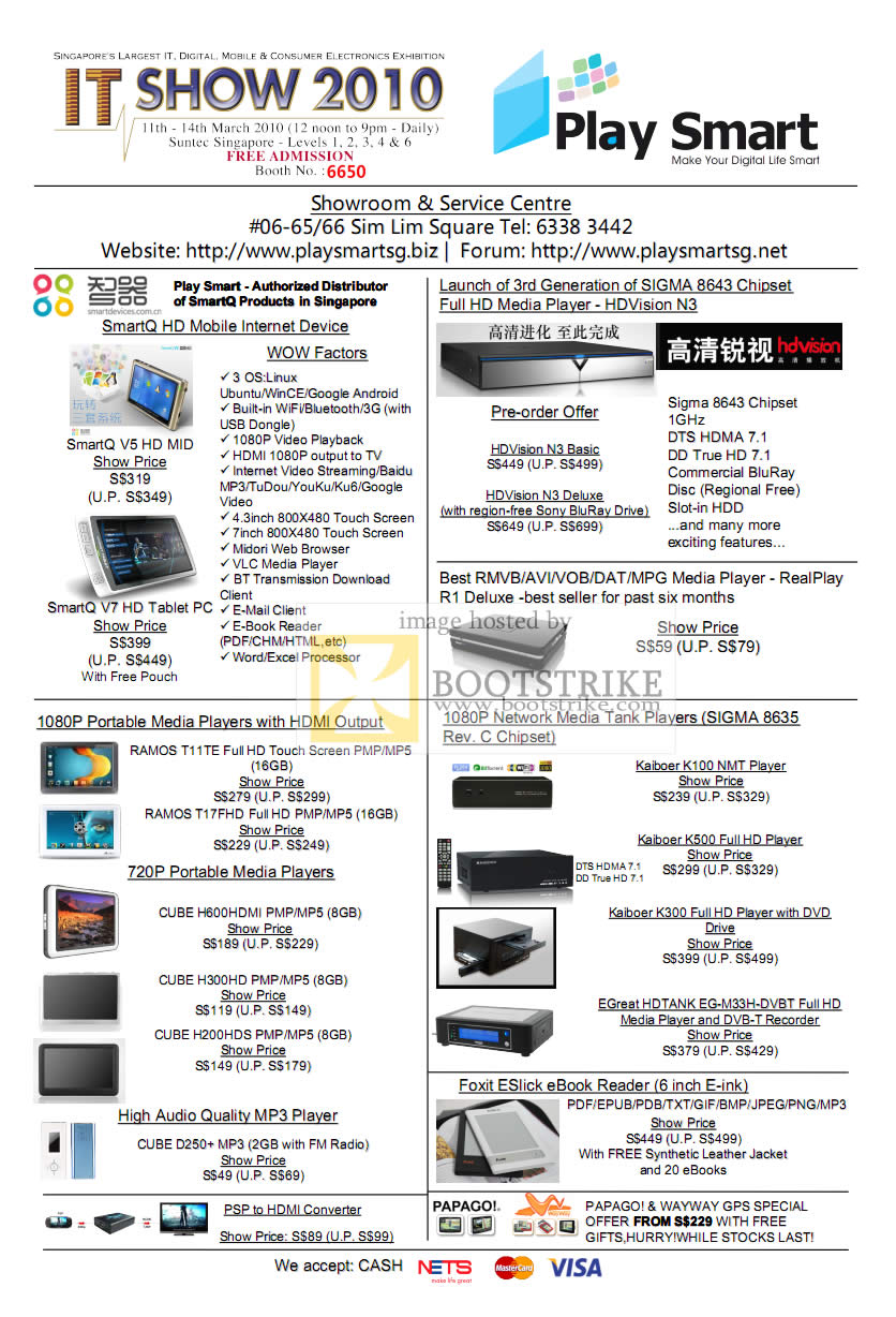 IT Show 2010 price list image brochure of Play Smart SmartQ Media Player HDVision N3 RealPlay R1 Deluxe Sigma 8635 Ramos Cube Kalboer EGreat Fox ESlick