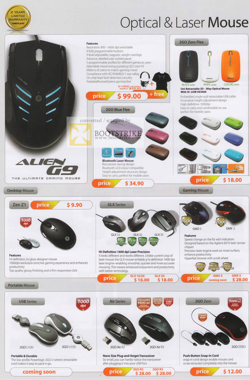 IT Show 2010 price list image brochure of Powerlogic Optical Laser Mouse Alien G9 2GO Blue Flex Zero Zen Z1 GLX USB Air ZGO