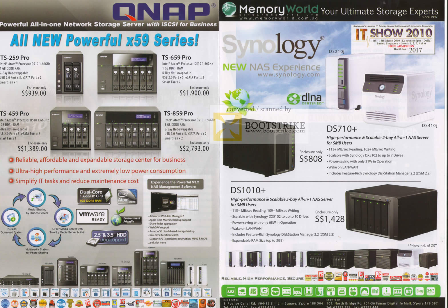 IT Show 2010 price list image brochure of QNap NAS TS 259 Pro 459 659 859 Memory Synology Dlna DS710 DS1010