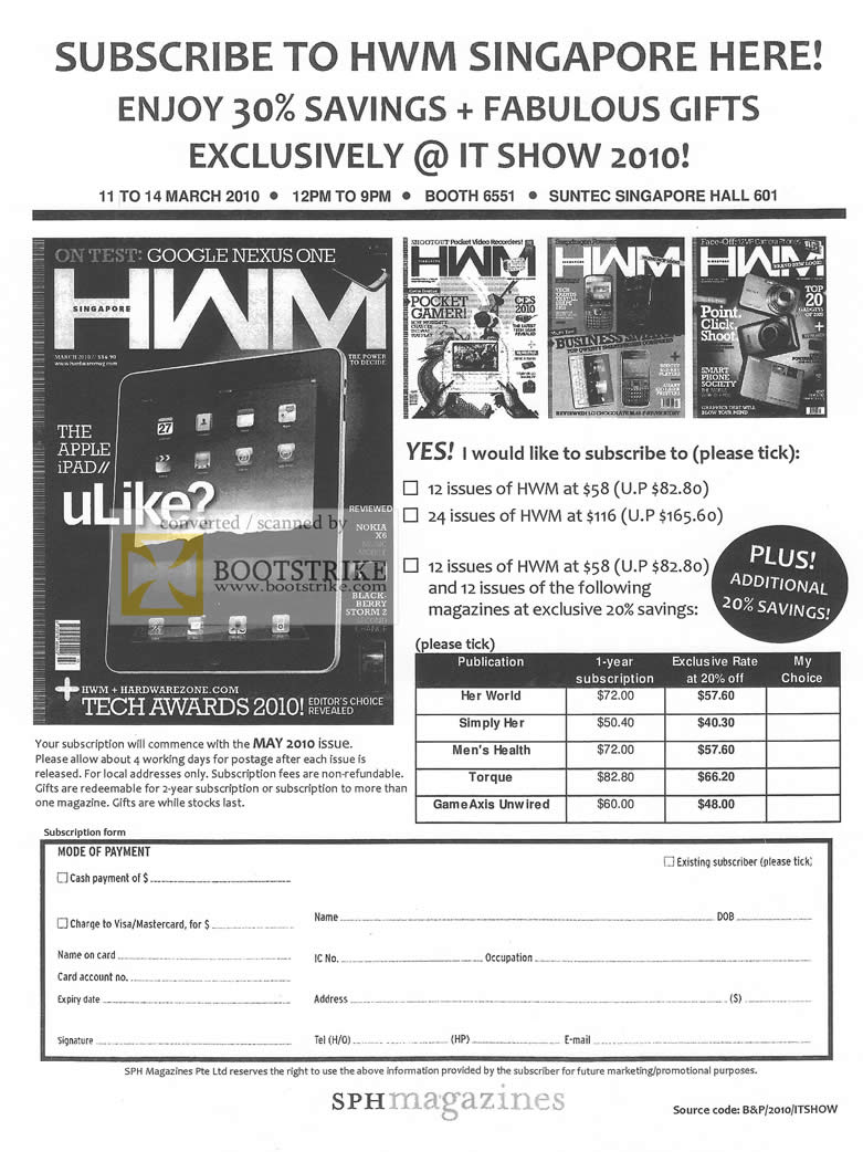 IT Show 2010 price list image brochure of SPH Magazines HWM Her World Simply Her Mens Helth Torque GameAxis Unwired
