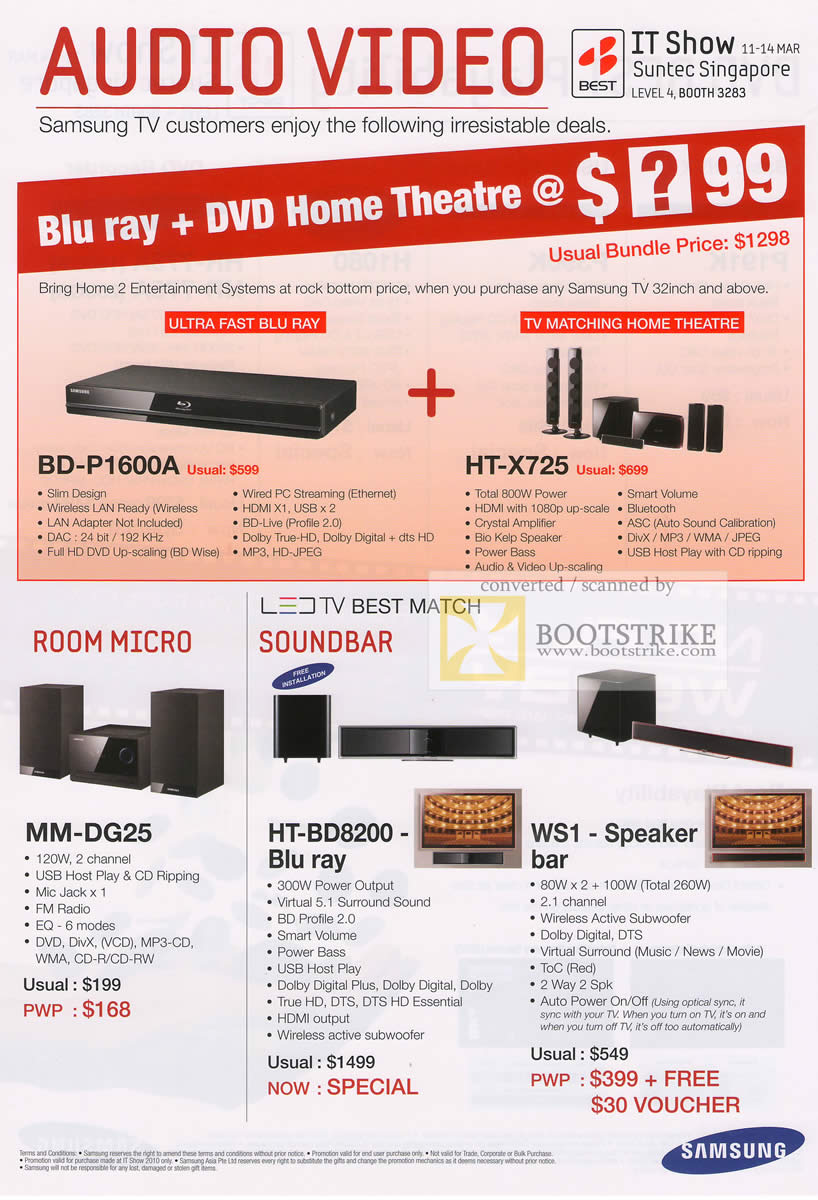 IT Show 2010 price list image brochure of Samsung Blu Ray DVD Home Theatre BD P1600A HT X725 Micro Hifi MM DG25 HT BD8200 WS1 Speaker Bar