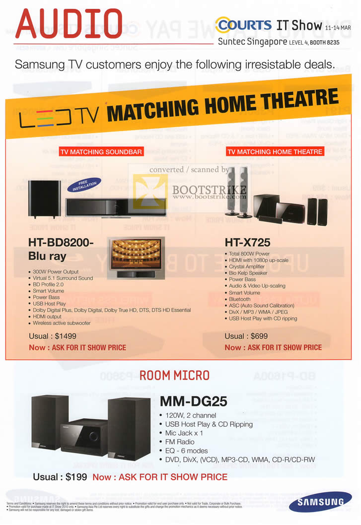 IT Show 2010 price list image brochure of Samsung LED TV Blu Ray Home Theatre HT BD8200 X725 MM DG25