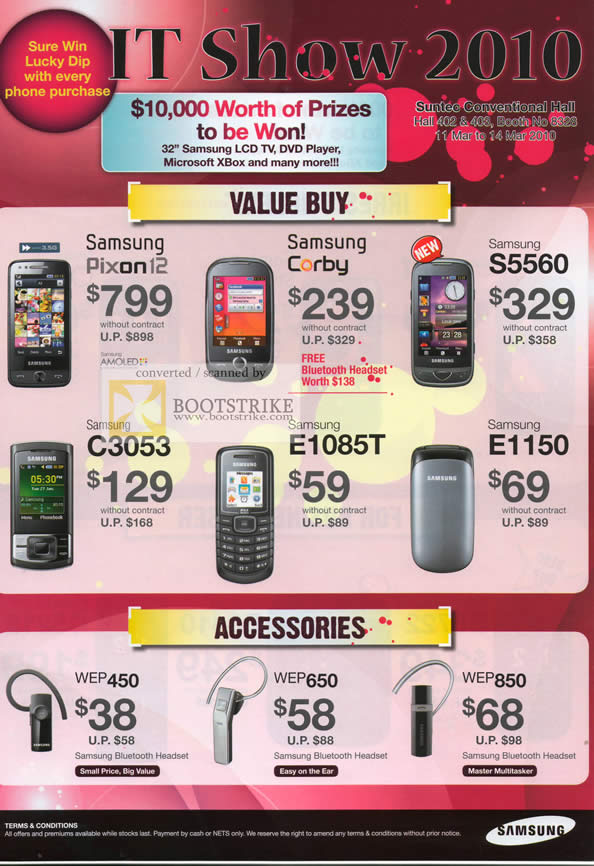 IT Show 2010 price list image brochure of Samsung Mobile Phones Pixon12 Corby S5560 C3053 E1085T E1150 Bluetooth WEP450 WEP650 WEP850