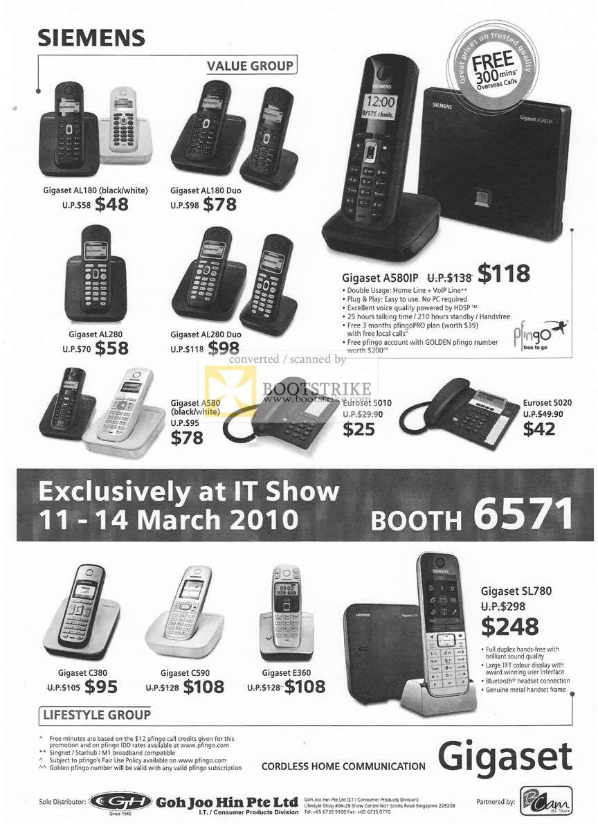 IT Show 2010 price list image brochure of Siemens Gigaset Handsets AL180 Al28 A580IP A580 5010 5020 C380 C590 E360 SL780