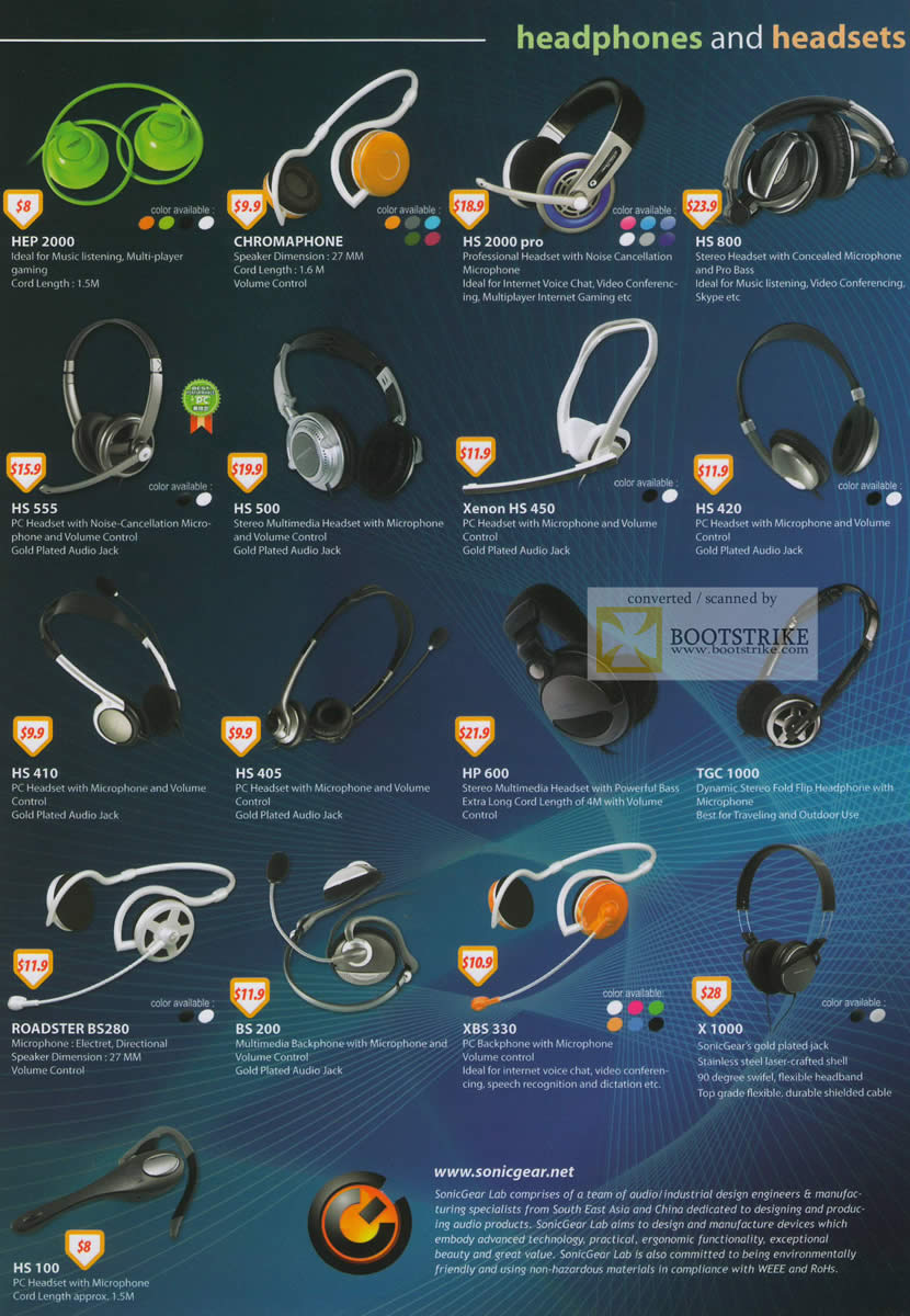 IT Show 2010 price list image brochure of SonicGear Headsets HEP 2000 Chromaphone HS 2000 HS 800 Roaster TGC XBS BS